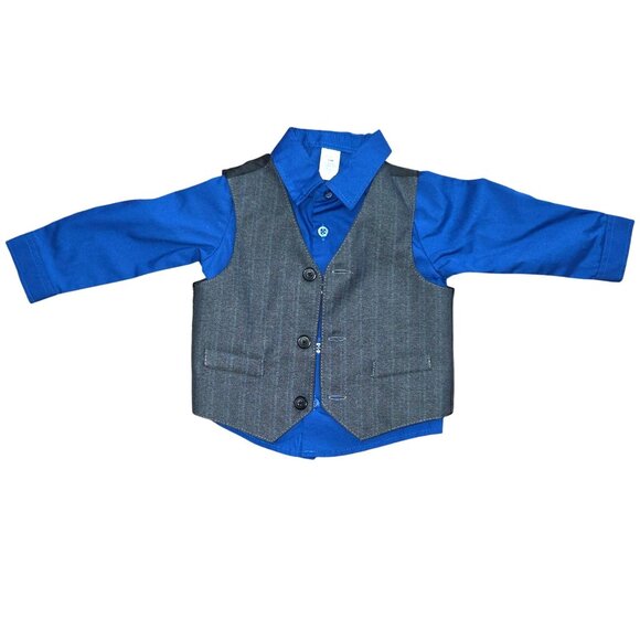 George Blue Gray 3 Piece Formal Button Shirt Vest Pants Suit Set Baby Boy's 12M - Picture 4 of 10